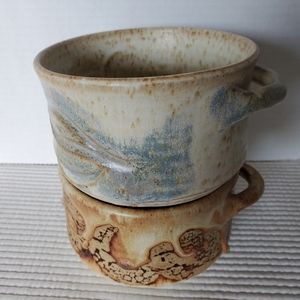 2 Handmade Pottered Bowls Vintage Pottery Brown Blue Signed 20oz